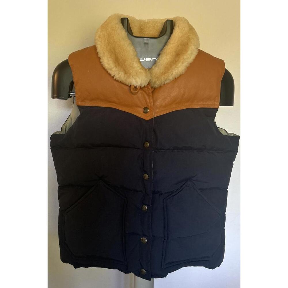 Penfield Navy Puffer Vest with Brown Yoke and Cream Shearling Collar